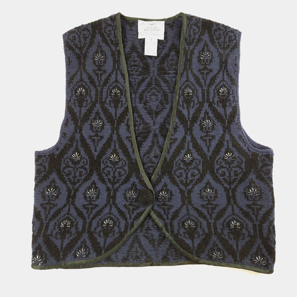 VTG 90s Susan Bristol Worsted Wool Sweater Vest Beaded S Dark Academia Goth